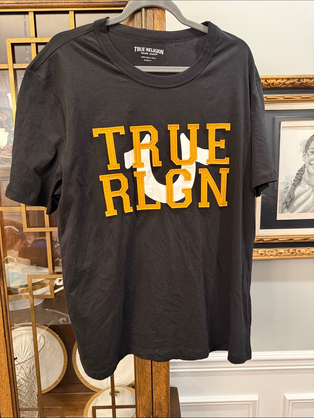 True Religion Men’s Black Tee with Yellow & White Appliqué Logo
